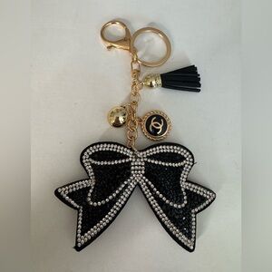 Upcycled Elegant Blingy Black and Gold Bow Keychain with Charm